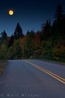 A full moon illuminates the Parkway and the Autumn forest in La Mauricie National Park in Mauricie, Quebec in Canada.