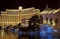 The water feature at the Bellagio Hotel and Casino in Las Vegas, Nevada lit with blue lights.