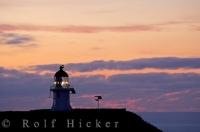 Soft sunset hues highlight the sky above the Cape Reinga Lighthouse which sits atop the cliff overlooking the waters off the North Island of New Zealand.