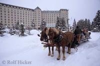 Sleigh rides are a popular activity available at the Fairmont Chateau Lake Louise during the winter months in the Rocky Mountains of Alberta.