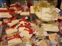 Boxes of chocolates adorned with pretty Christmas ribbons displayed in a chocolate shop in the town of Regensburg in Bavaria, Germany in Europe.
