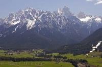 The forbidding Dolomite mountian peaks Tre Cime di Lavaredo near Toblach, South Tyrol in Italy, Europe.