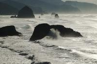A view of Cannon Beach and Haystack Rock from Ecola State Park along the Oregon Pacific Coast, USA.