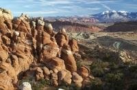 The needles of the Fiery Furnace in Arches National Park with the La Sal Mountains in the background in Utah, USA.
