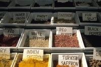 A variety of herbs and spices on display at the market in the downtown area of the city of Toronto, Ontario in Canada.