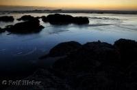 Rocks dot Kalaloch Beach and are silhouetted by the after sunset light on the Olympic Peninsula of Washington.