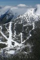 A winter aerial picture of the Mount Cain Ski Field, an alpine park on Northern Vancouver Island, BC, Canada.