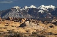 Backdropped by the La Sal Mountains are these ancient Petrified Dunes in Arches National Park in Utah.