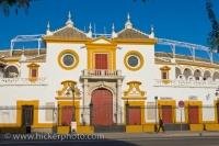 An exterior view of the Puerta del Principe, meaning the Prince's Gate, at the Plaza de Toros de la Maestranza, also called La Real Maestranza, the Bullring situated in the El Arenal District in the gorgeous City of Seville, Andalusia, Spain.