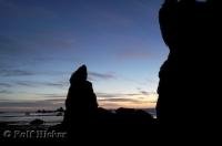 The dramatic forms of the rocky scenery at Ruby Beach are silhouetted by the sunset light.