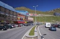 Border town of the Principality of Andorra Pas de la Casa in Europe welcomes shoppers at the duty free stores.