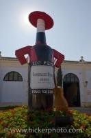 A large statue of a sherry bottle at the Gonzalez Bypass Sherry Bodega in Jerez de la Frontera in the Province of Cadiz in Andalusia, Spain in Europe.