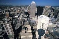 The view over the city of Calgary Alberta from the Tower which free stands at a height of 190 metres and is a popular tourist attraction.