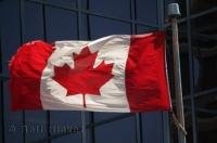The Canadian flag features a red maple leaf as well as red and white stripes.