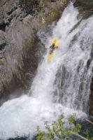 Kayaking down the fast moving Sauth deth Pish waterfall in the Val d'Aran in Catalonia, Spain in Europe is a water sport loved by the Spanish people.