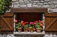 Ceramic flower pots with blossoming flowers line the window ledge of the stone building in the village of Hecho in Huesca, Aragon in Spain.