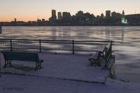 Montreal city photographed in winter from across the river at dusk, a classic Montreal view, Quebec, Canada.