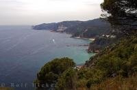 A beautiful panaroma view of the coastline of the Costa Brava along the Mediterranean Sea in Catalonia, Spain in Europe.
