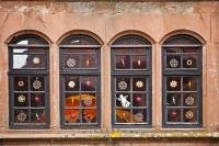 Beautifully decorated windows at a Christmas Market at the Medieval Castle Ronneburg in Hesse, Germany.