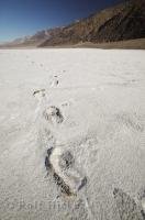 Footprints on the salt flats of the Badwater Basin in the desert landscape of Death Valley.
