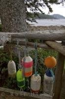 Shelters along the Cape Scott Trail in Cape Scott Provincial Park are adorned with decorative buoys.