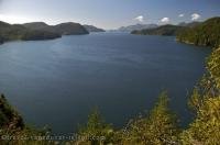 An aerial photo of the outstanding view of the islands and coastline encircling Nootka Sound on the West Coast of Vancouver Island in British Columbia.