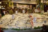 An abundance of fish on display at the Pike Market Public Market Center in Seattle, Washington, USA.