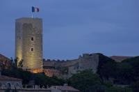 The floodlit Tower Castre, by the Cannes Castle, is home to the interesting Castre Museum in Cannes on the Cote d Azur in Provence, France.