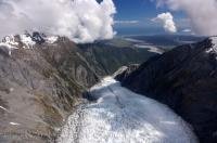 An aerial view of the steep incline of Franz Josef Glacier in the Westland National Park on the South Island of New Zealand.