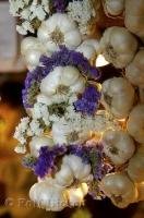 A picture of a garlic bulb and lavender garland at the Public Market Center in Downtown Seattle, Washington.