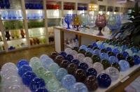 Glass blown products on display at La Verrerie de Biot in the town of Biot in Provence, France in Europe.