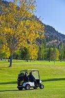 Making their way around a golf course in a cart, a couple enjoy a round of golf set amongst the beautiful and rugged fall scenery of the Okanagan in British Columbia, Canada.