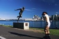 The Harry Jerome statue in Stanley Park is a viewpoint that looks towards downtown Vancouver, British Columbia in Canada, North America.