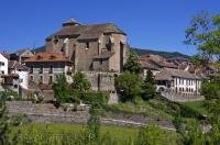 The historic village of Anso and the Iglesia Parroquial de San Pedro in the Valle de Anso, Huesca in Aragon, Spain, Europe.