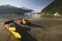Two kayaks at a kayaking tour near Mendenhall Glacier near Juneau in Southeast Alaska