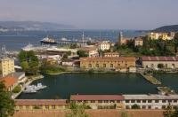 Looking out over the City of the La Spezia and the naval base located in the Riviera di Levante in Liguria, Italy in Europe.