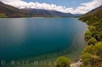 The shoreline of Lake Wanaka in Central Otago on the South Island of NZ, brings to life the beautiful vegetation that flourishes along the base of the hillsides.