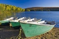 On the lakeshores of Lac de L'Assomption located in Mont Tremblant Provincial Park in Quebec, Canada, there are dinghys lined up which are available as rental boats.