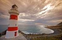 The scenery from the Cape Palliser Lighthouse is stunning as the cloud formations swirl above the coastal regions of Wairarapa on the North Island of New Zealand.