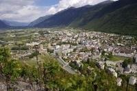 Overlooking the city of Martigny in its magnificent mountain setting in the region of Valais, Switzerland.