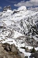 The beautiful snow covered mountain near the summit of Passo Valparola in South Tyrol, Italy in Europe.