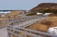 When arriving at the Norstead Viking Site in Newfoundland, Canada follow the boardwalk to the huts along the water's edge.