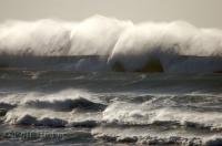 A dramatic ocean wave breaks at Cannon Beach in Oregon, USA.