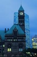The clock atop the tower and the historic architecture of Old City Hall in Toronto, Ontario in Canada are a prominent fixture in the city.