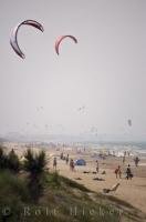 Kitesurfing over the beach at Oliva Nova, Costa Blanca in Valencia, Spain.