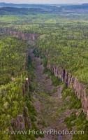 An aerial view of the Ouimet Canyon in Ouimet Canyon Provincial Park, Ontario, Canada. The Canyon is situated northeast of Thunder Bay near the shores of Lake Superior.