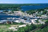 An aerial view of the town of Parry Sound situated on the eastern shore of Georgian Bay in Ontario, Canada.