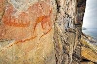 Ancient pictographs on Agawa Rock in Lake Superior Provincial Park were a form of communication and story telling by the Ojibwe People of Ontario, Canada.