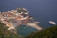 An aerial shot of the picturesque village of Vernazza along the Cinque Terre coastline in Liguria, Italy in Europe.