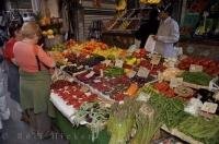 A fine display of fresh fruits and vegetables at one of the markets along the Ponte Di Rialto in Venice, Italy in Europe.